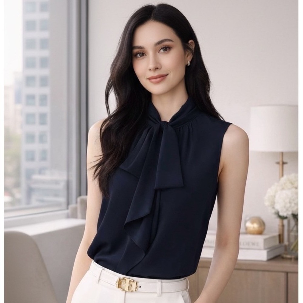 Tory Burch Navy Blue Sleeveless Tie Neck Silk Blend Blouse Top Size 10 NEW